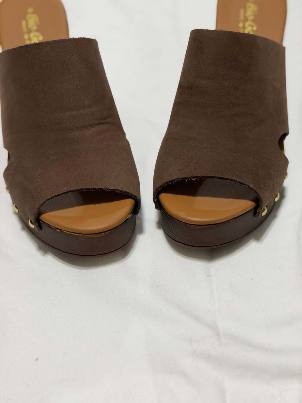 Bio-Gold Made in Italy Brown Leather Studded Platform Clogs - Picture 2 of 8